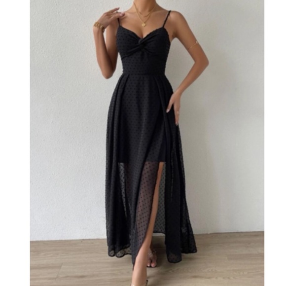 Dresses & Skirts - Luxe Swiss dot front tie backless wrap cami maxi dress